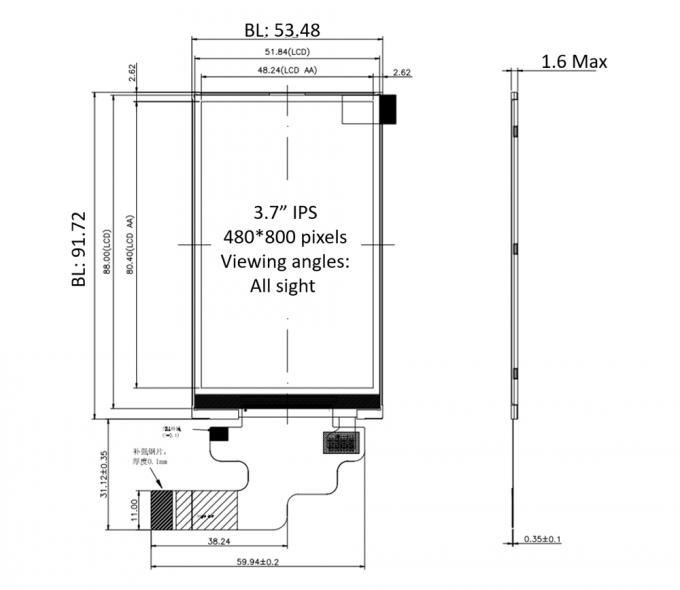 3.7 Inch TFT LCD Display 480x800 Pixels Mipi/RGB Interface Optional 0