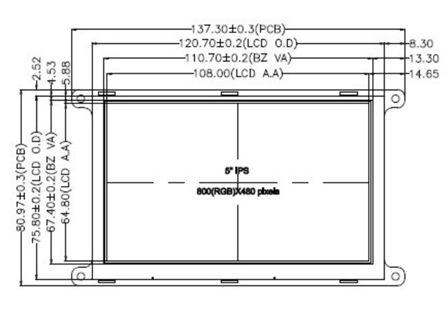 SPI Serial Interface 5 Inch TFT LCD Display 800x480 Dots IPS Automotive Grade 0