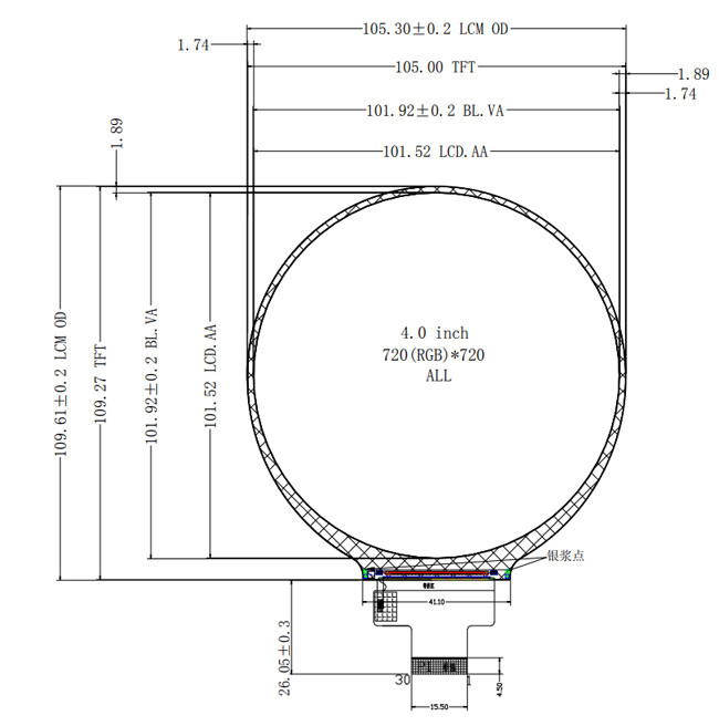 Auto Grade 4 Inch Capacitive Touch Round TFT LCD Display Mipi Interface 720x720 Dot 0