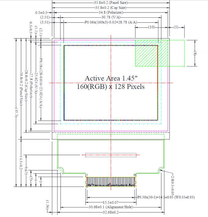 1.45 Inch AMOLED UG-6028GDEEF01 SSD1333 Controller 160x128 Passive Matrix 30 Pins ZIF Connection For Medical Device 0