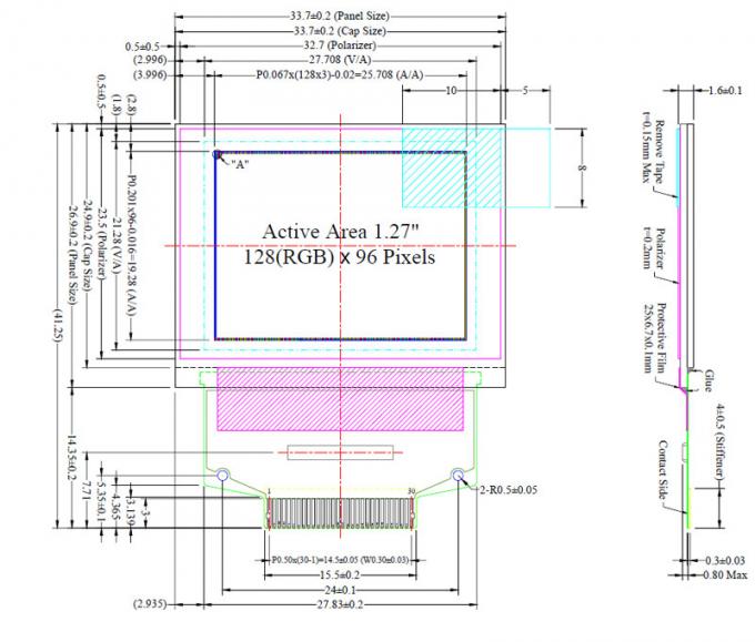 1.27 Inch AMOLED UG-2896GDEAF11 SSD1351 Controller 128x96 Passive Matrix 30 Pins ZIF Connection For Medical Device 0