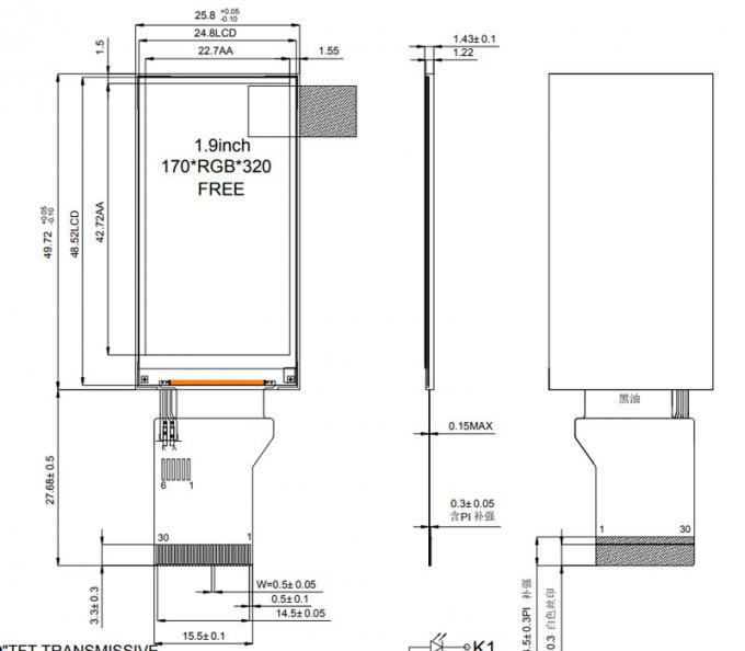 1.9" IPS TFT LCD Touch Screen 170x320 Full Viewing Angle With CTP And SPI/MCU Interface 0