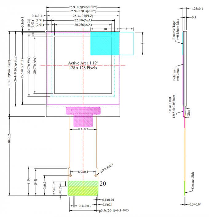 20 Pin 1.12 Inch OLED Display Module 128x128 40mm Long ZIF Connector Parallel SPI I2C Interface 0