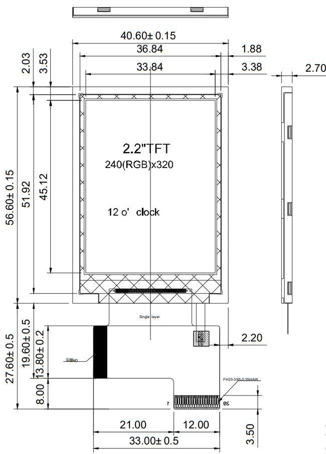 QVGA 240x320 2.2 Inch TFT Display , 39 Pin LCD Display ST7789V 18 Bits Interface 0