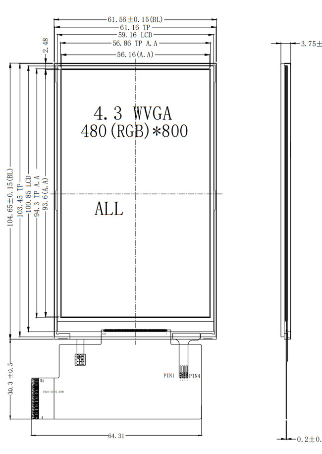 45 Pins IPS TFT LCD Display Screen 4.3 Inch 480x800 HX8369-A01 Mipi Interface 0