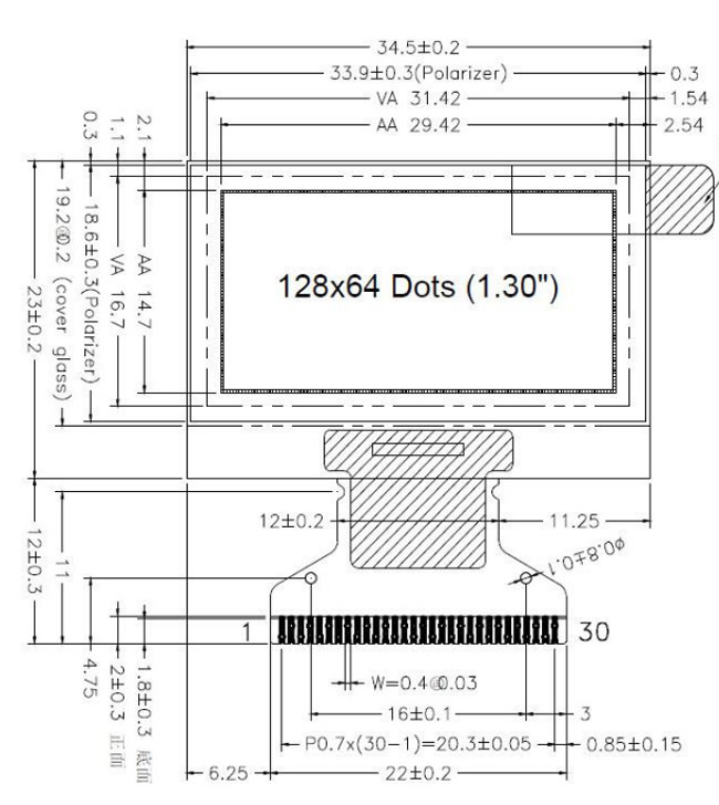 1.3 Inch 128x64 I2C OLED Display 6800 8080 4-SPI Interface 30 Pins 0