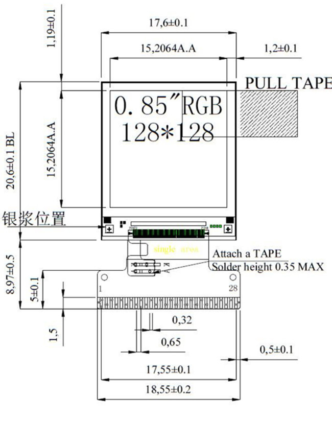 MCU Interface Square TFT Display 0.85" Inch 128x128 28 Pins Number 0