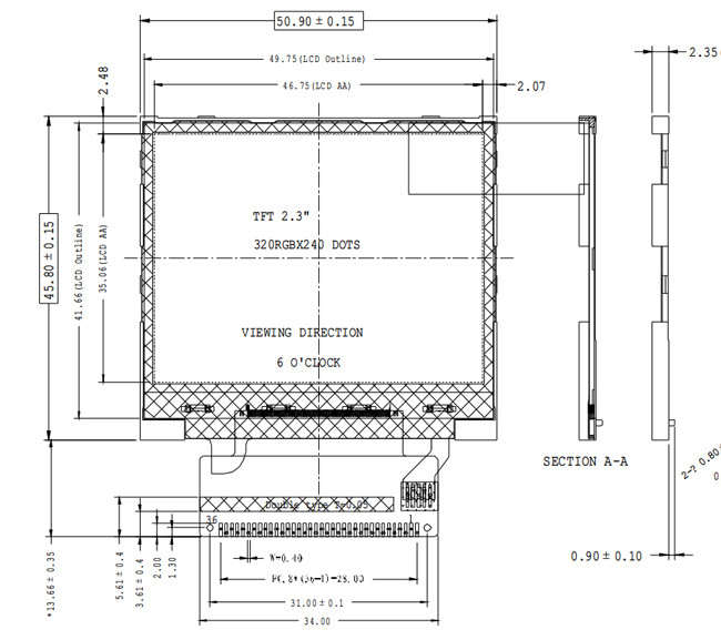 2.3" ILI9342C Industrial TFT Display 320x240 MCU Interface 36 Pins 3.2V 12 o'clock 0