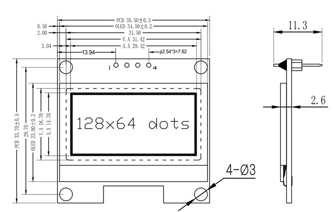 Passive Matrix 1.3 Inch I2C OLED Display 128x64 COG PCB 4 Pins 0