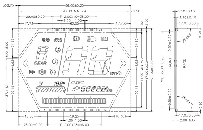 Corner Cut Monochrome LCD Panel TN Type , speedometer lcd display For Odo Meter 0