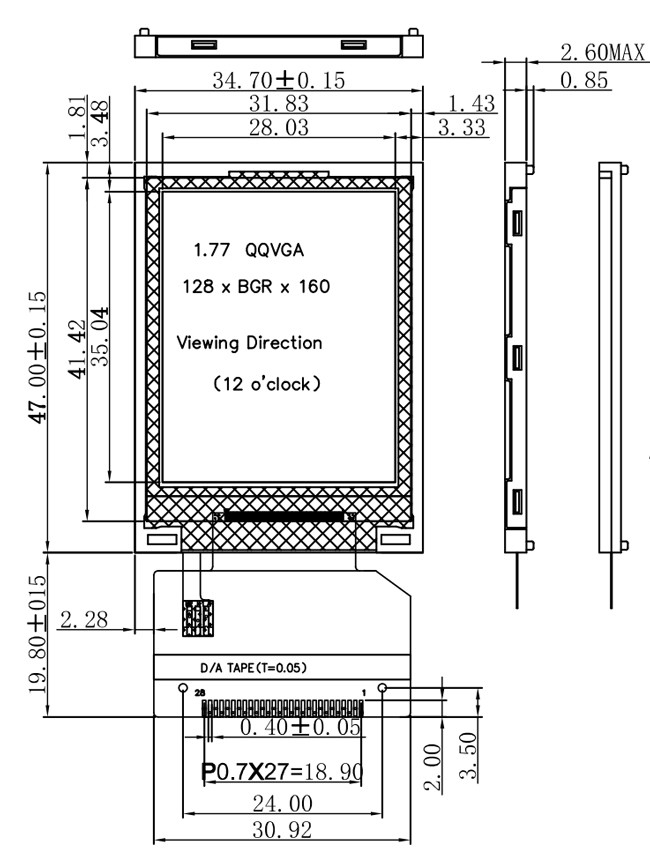 1.8 Inch Industrial TFT Display 128x160 Dots 16 Bit Interface With White LED Backlight 0