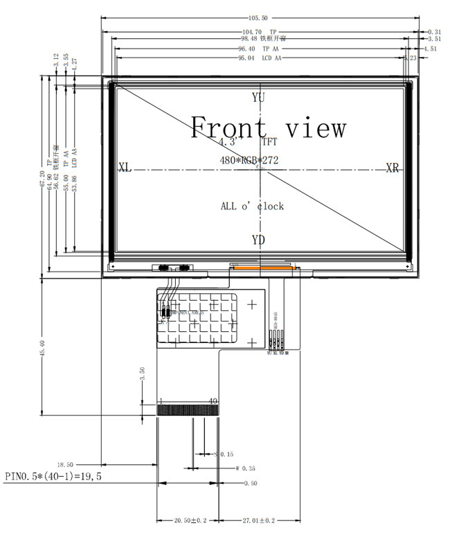 480x272 LCD TFT 4.3 Inch 40 PINS IPS Full Viewing Angle RGB Interface 0